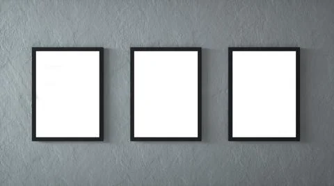 Gallery interior with three empty frames on wall. 3d rendering Illustrazione stock