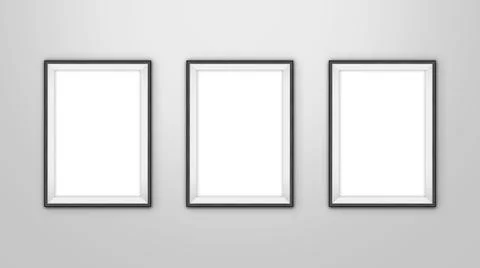 Gallery interior with three empty frames for pictures on wall Stock Photos