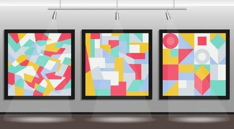 Gallery with paintings in an abstract style in frames with illumination. Stock Illustration