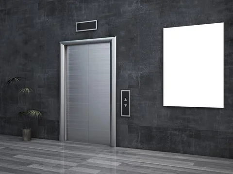 Gallery poster with elevator door illustration. 3d image rendering Stock Illustration