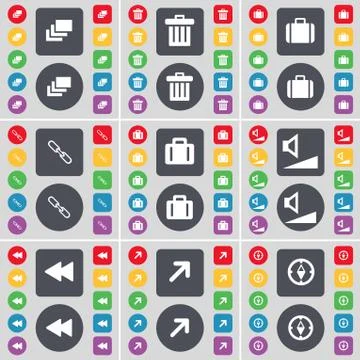 Gallery, Trash can, Suitcase, Link, Suitcase, Volume, Rewind, Fu icon symbol. A Stock-Illustration