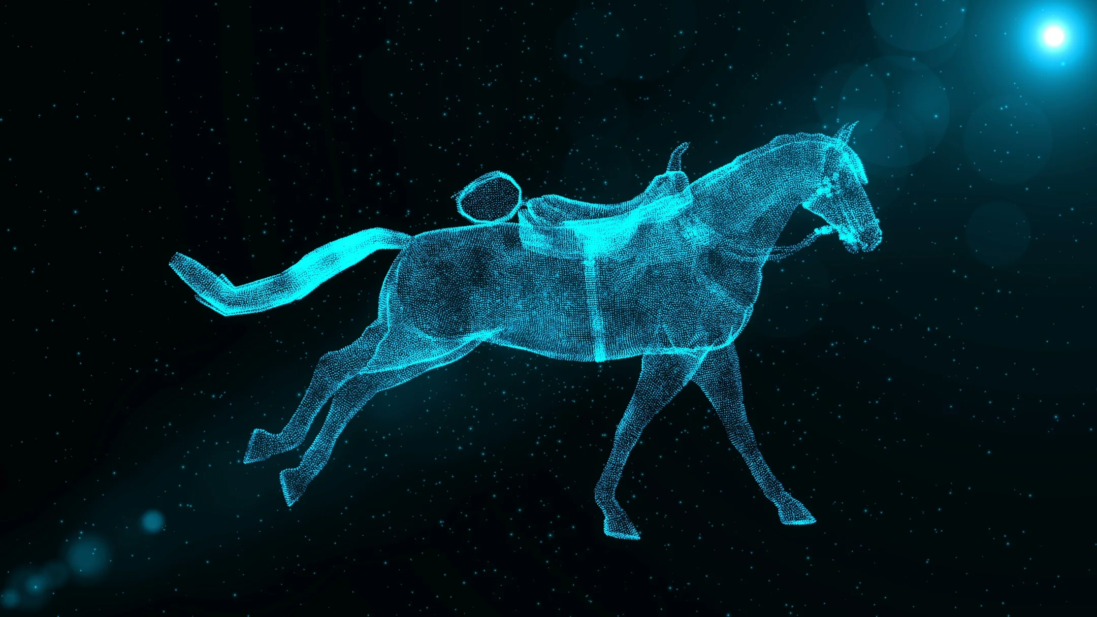 Galloping Horse with Saddle, glowing abstract animal running, fantasy scene