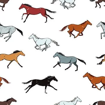 Galloping horse seamless pattern. Equine coat color running motion set. Stock Illustration