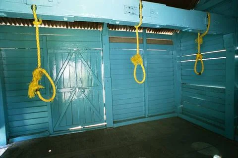 Gallows three rope loops for hanging three convicts, Port Blair, Andaman, ... Stock Photos
