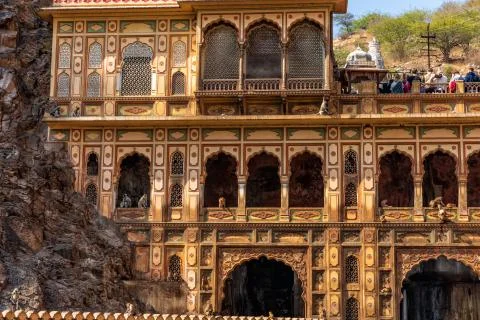 Galta Temple in Monkey Temple complex, detailed facade view, India, Jaipur Stock Photos