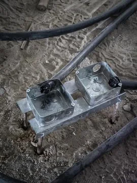 Galvanized electrical junction boxes with black conduits Stock Photos