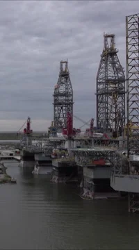 Galveston Texas off shore oil platforms industry vertical HD Stock Footage 58564014