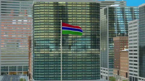 Gambia Flag 3D Render Animation on Pole with Modern Business District Buildi Stock-Footage 332882191
