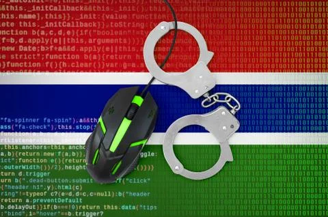 Gambia flag  and handcuffed computer mouse. Combating computer crime, hackers 写真素材