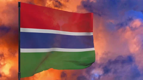 Gambia flag on pole with sky background seamless loop 3d animation Stock Footage 149383585
