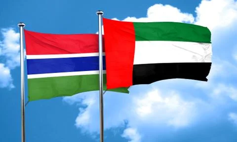 Gambia flag with UAE flag, 3D rendering Illustrazione stock
