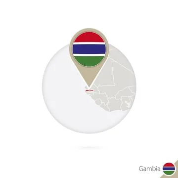 Gambia map and flag in circle. Map of Gambia, Gambia flag pin. Map of Gambi.. Stock Illustration
