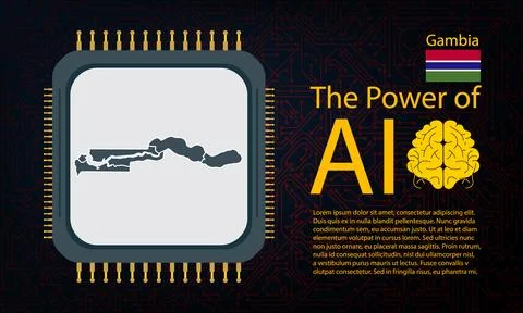 Gambia map with microchip war and AI concept on circuit board, Power of AI .. Ilustração Stock