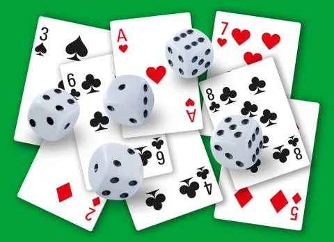 Gamble with dices rolling and different playing cards Stock Photos