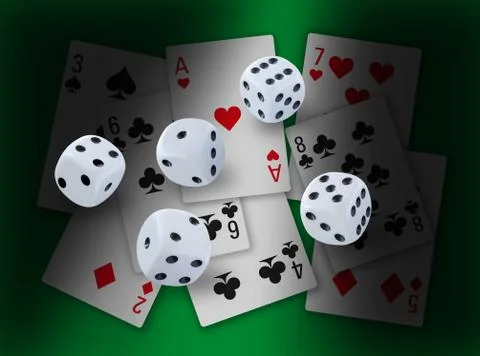 Gamble with dices rolling and different playing cards Stock Photos