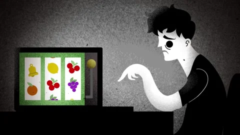 Gambling addict playing a slot machine on a computer Stock Footage 342478540