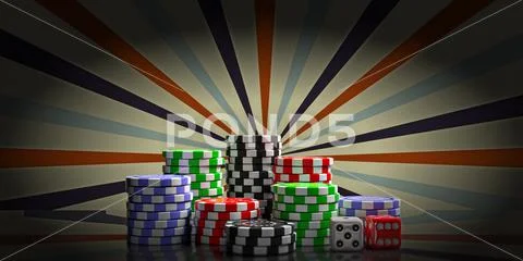 Gambling, casino concept. Poker chips piles and dice on retro billboard, vint Stock Illustration