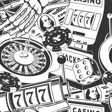 Gambling, casino seamless pattern with wheel of fortune, two dice and skeleto Stock Illustration