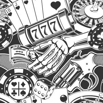 Gambling, casino seamless pattern with wheel of fortune, two dice and skeleto Stock Illustration