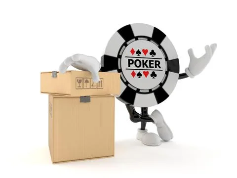 Gambling chip character with stack of boxes Stock Illustration