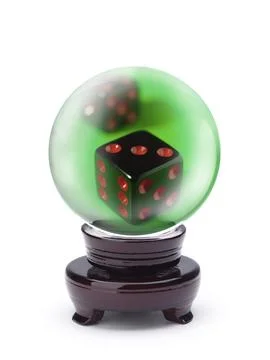Gambling dice inside a crystal ball isolated on white. Risk, gambling and taking 库存插图