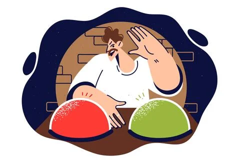 Gambling man presses button, making choice from two options and makes bold Illustrazione stock