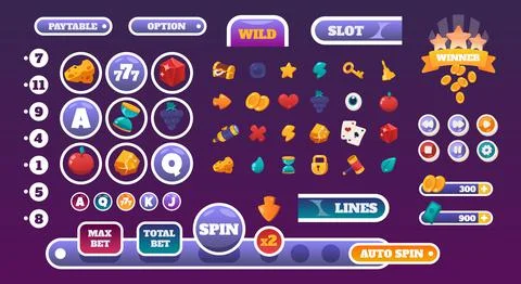 Gambling UI elements. Slots gameplay cartoon graphic kit with casino icons Stock Illustration