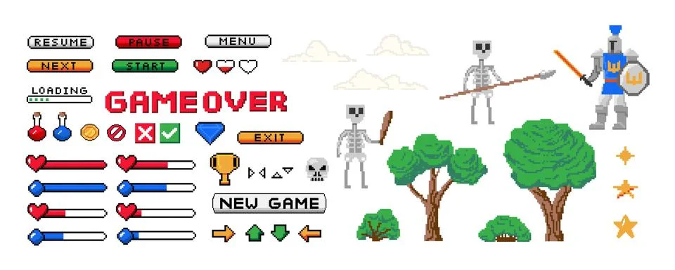 Game 8-bit set. Pixel start screen and interface buttons. Player character Stock Illustration