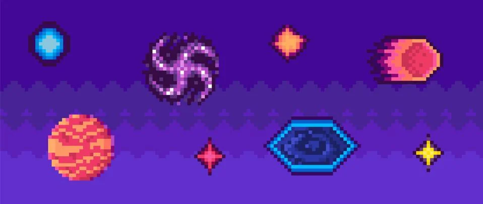 Game about space interface layout design with cosmic objects. Pixelated sky with Stock Illustration