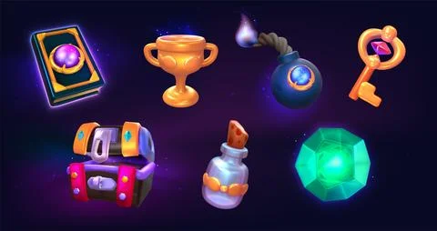 Game ancient gui objects, cartoon props icons with 2d treasure element 스톡 일러스트
