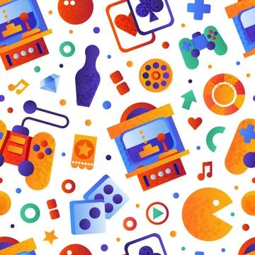 Game and Entertainment Object Design with Gamepad and Cards Vector Seamless Stock Illustration