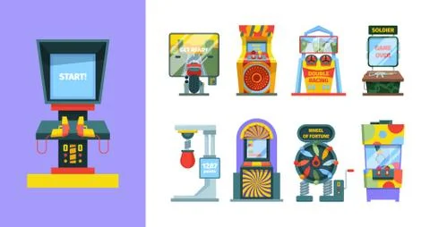 Game arcade machine set. Electronic gaming machine with joysticks screen laser Stock Illustration