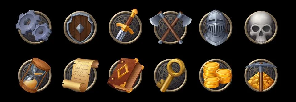 Game asset icons, ui elements, money, armor, skull Illustrazione stock