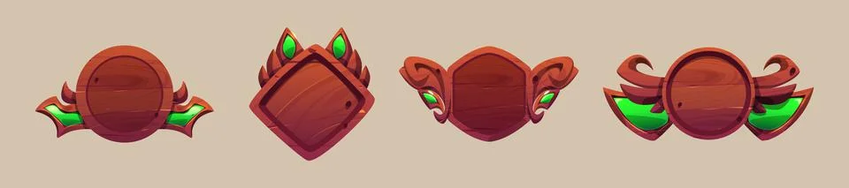 Game avatar frames, level ui icons, wooden shields Stock Illustration