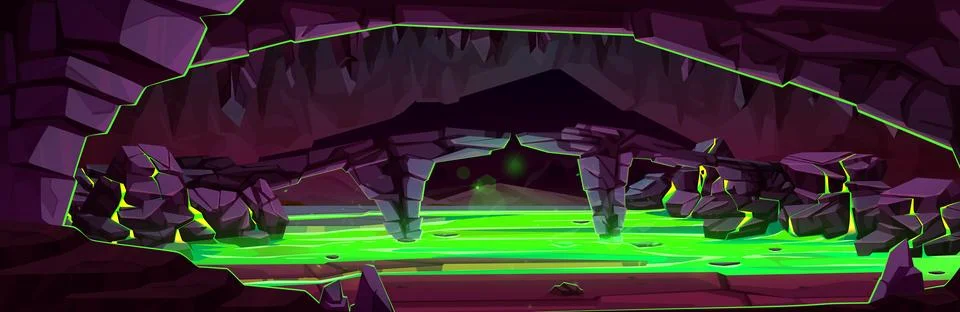 Game background of dark cave with toxic swamp Stock Illustration