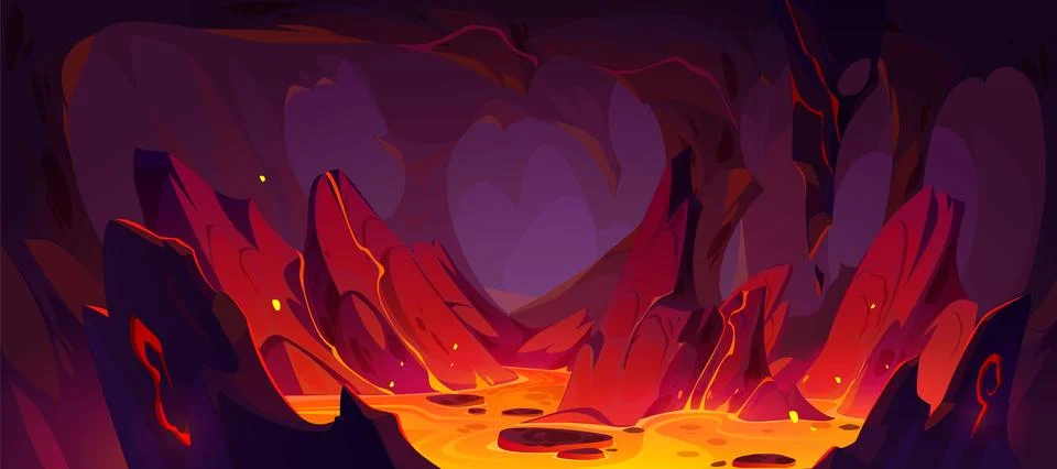 Game background of hell with lava in rock cave Stock Illustration