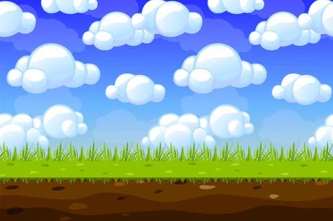 Game Background made from seamless endless elements-sky, clouds and grass. .. Stock-Illustration