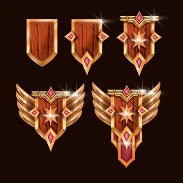 Game badge vector icon kit, rank award medal, wooden shield, gold star, wings Stock Illustration