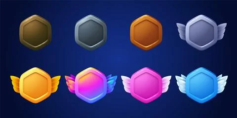 Game badges, buttons in hexagon frame with wings Stock Illustration