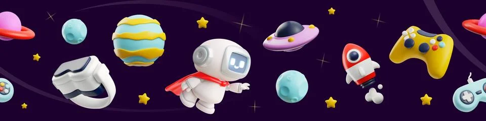 Game banner of the Metaverse. Vector 3D space theme. Illustrazione stock