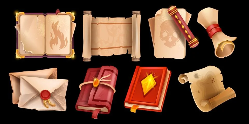 Game book icon set, magic medieval grimoire, vector fantasy parchment scroll Stock Illustration