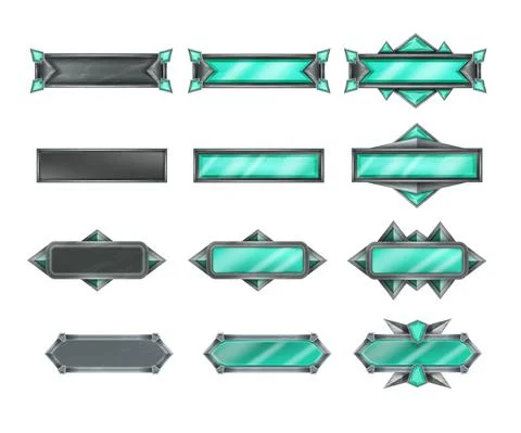 Game button vector set, stone interface design icon kit, green crystal level Stock Illustration