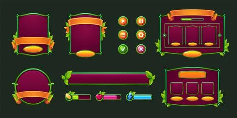 Game buttons and frames with green leaves Stock Illustration