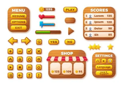 Game buttons and user interface elements, set of vector illustrations isolated. Illustrazione stock