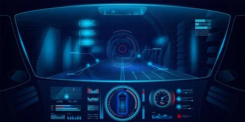 Game car control panel. Autonomous drive. Vehicle cockpit interface. Digital Stock Illustration