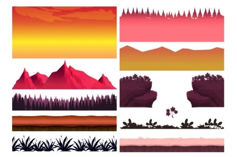 Game cartoon elements set with pieces of fantasy landscapes trees stones Illustrazione stock