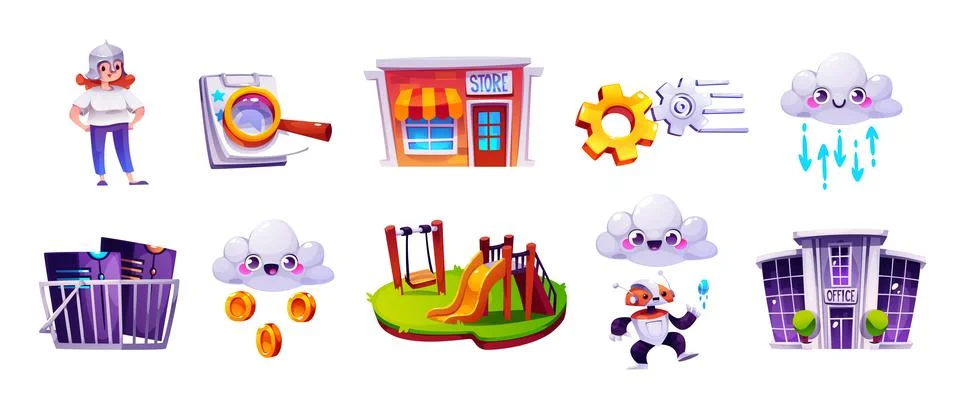 Game cartoon icon set with interface elements. Stock Illustration