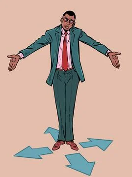 Game character control right left forward back. Businessman at the fork Stock Illustration