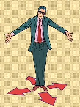Game character control right left forward back. Businessman at the fork Stock Illustration