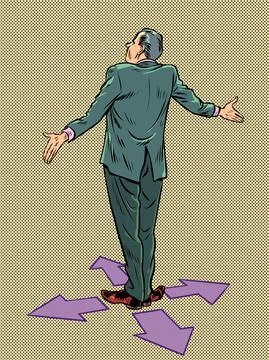 Game character control right left forward back. Businessman at the fork Illustrazione stock